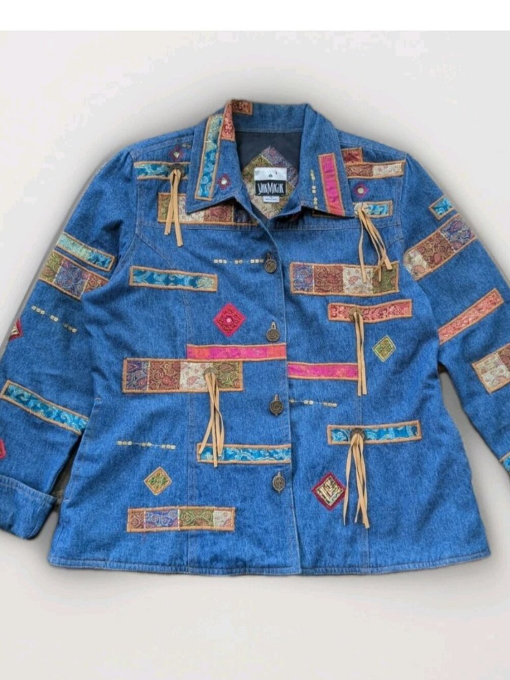 Yak Magik Women’s Jean Jacket XL Patchwork Boho Nepal Button Front Denim